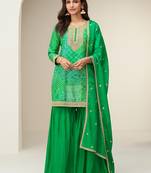 Green digital print embroidered chinon silk palazzo suit