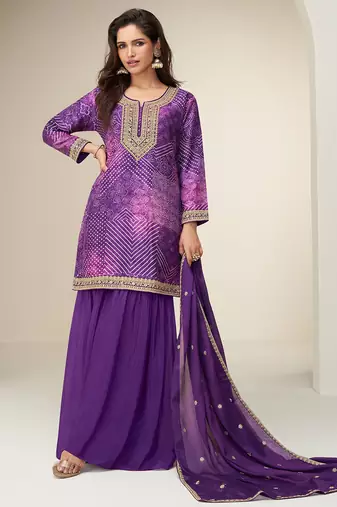 Purple digital print & embroidered chinon silk palazzo suit