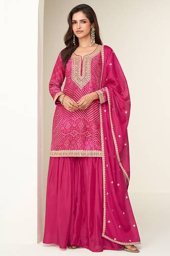 Rani pink digital print & embroidered chinon silk palazzo suit
