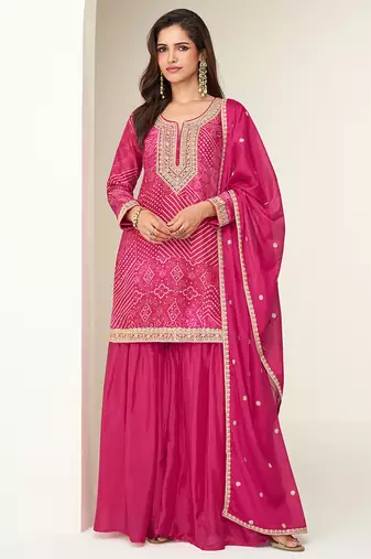 Rani pink digital print & embroidered chinon silk palazzo suit