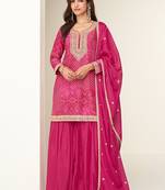 Rani pink digital print & embroidered chinon silk palazzo suit