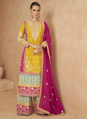 Yellow embroidered chinon silk palazzo suit 1