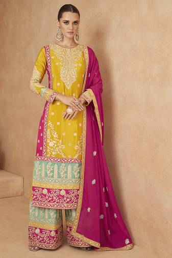 Yellow embroidered chinon silk palazzo suit