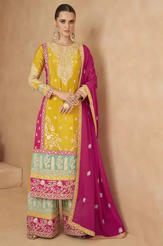 Yellow embroidered chinon silk palazzo suit