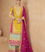 Yellow embroidered chinon silk palazzo suit