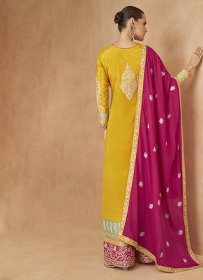 Yellow embroidered chinon silk palazzo suit 2