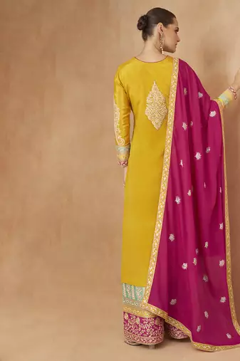 Yellow embroidered chinon silk palazzo suit