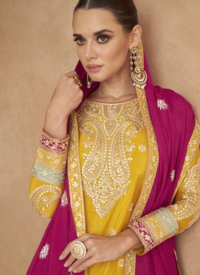 Yellow embroidered chinon silk palazzo suit 3