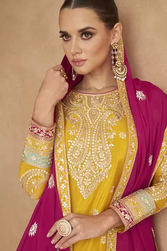 Yellow embroidered chinon silk palazzo suit