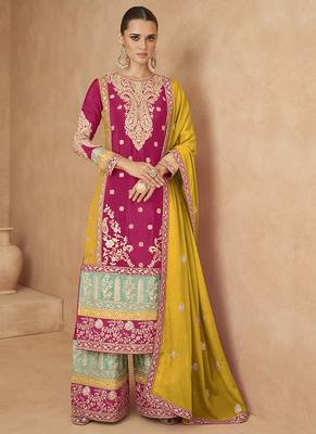 Pink embroidered chinon silk palazzo suit 1