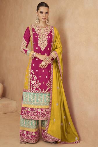 Pink embroidered chinon silk palazzo suit