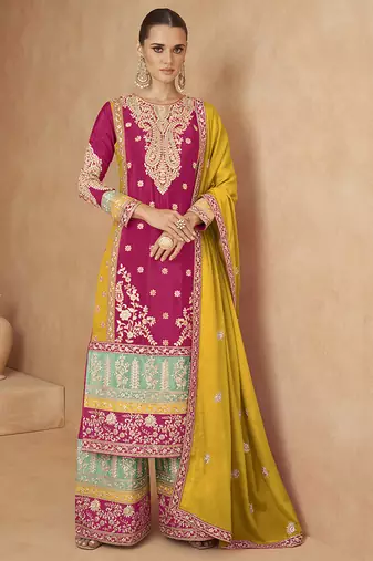 Pink embroidered chinon silk palazzo suit