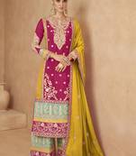 Pink embroidered chinon silk palazzo suit