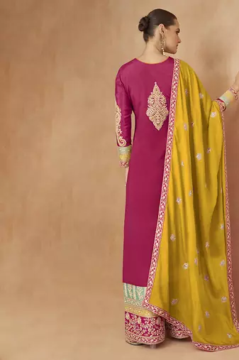 Pink embroidered chinon silk palazzo suit