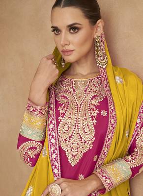Pink embroidered chinon silk palazzo suit 3