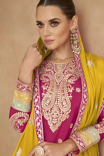 Pink embroidered chinon silk palazzo suit