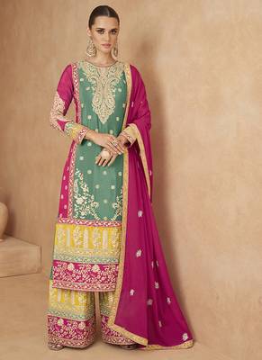 Sea green embroidered chinon silk palazzo suit 1