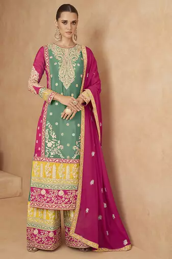 Sea green embroidered chinon silk palazzo suit
