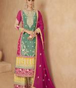 Sea green embroidered chinon silk palazzo suit