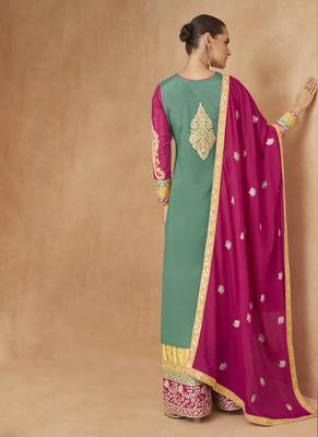 Sea green embroidered chinon silk palazzo suit 2