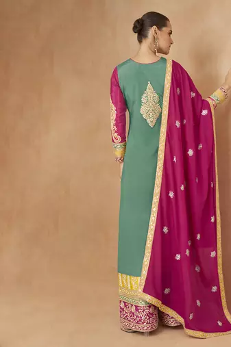 Sea green embroidered chinon silk palazzo suit