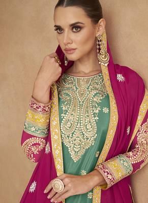 Sea green embroidered chinon silk palazzo suit 3