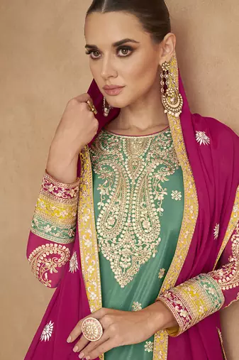 Sea green embroidered chinon silk palazzo suit