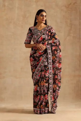 ethnic motifs embroidered georgette saree in black
