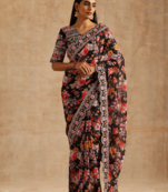 ethnic motifs embroidered georgette saree in black