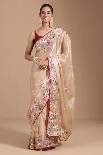 ethnic motifs embroidered georgette saree in chiku