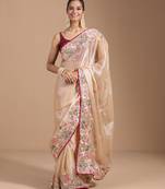 ethnic motifs embroidered georgette saree in chiku