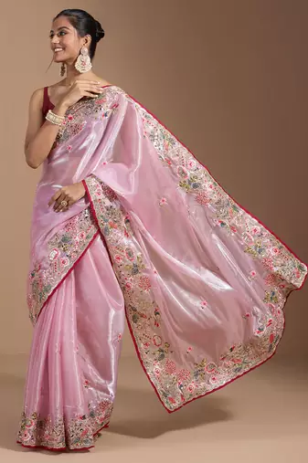 ethnic motifs embroidered georgette saree in pink