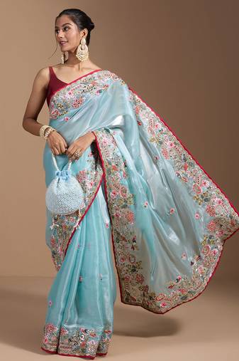 ethnic motifs embroidered georgette saree in sky