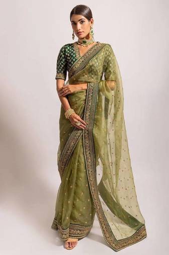 ethnic motifs embroidered georgette saree in green