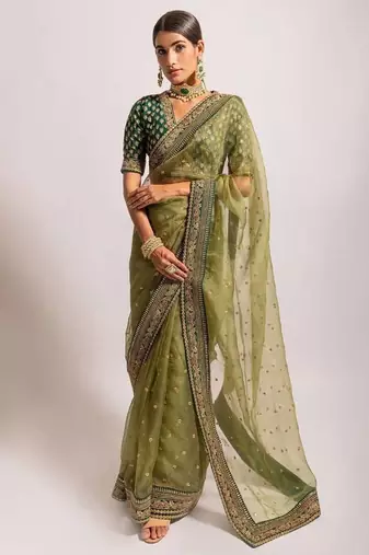 ethnic motifs embroidered georgette saree in green