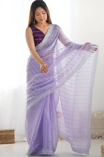 ethnic motifs embroidered georgette saree in lavender