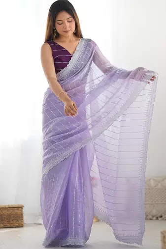 ethnic motifs embroidered georgette saree in lavender