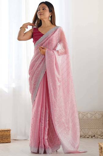 ethnic motifs embroidered georgette saree in pink