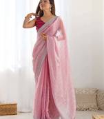 ethnic motifs embroidered georgette saree in pink