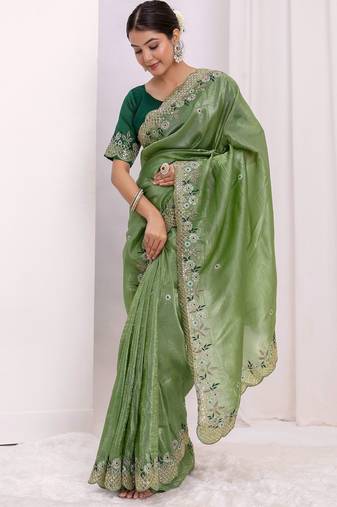ethnic motifs embroidered georgette saree in green
