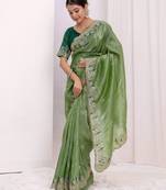 ethnic motifs embroidered georgette saree in green