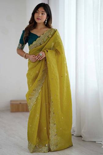 ethnic motifs embroidered georgette saree in yellow