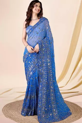 ethnic motifs embroidered georgette saree in blue