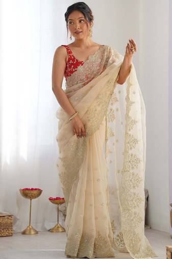 ethnic motifs embroidered georgette saree in offwhite