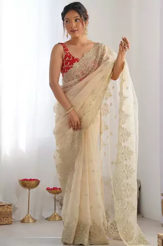 ethnic motifs embroidered georgette saree in offwhite