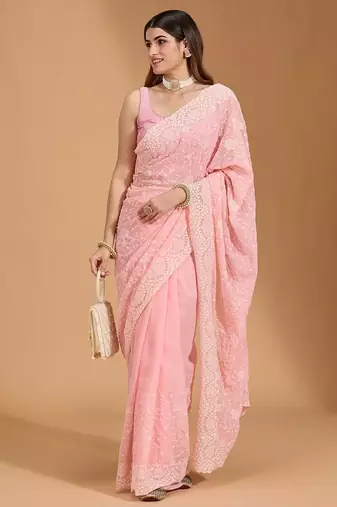 ethnic motifs embroidered georgette saree in pink