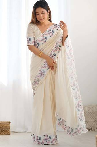 ethnic motifs embroidered georgette saree in chiku