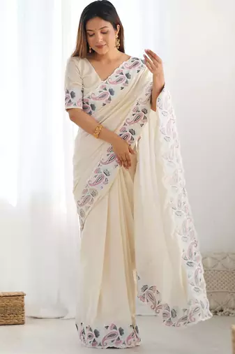 ethnic motifs embroidered georgette saree in chiku