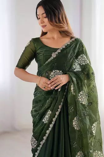 ethnic motifs embroidered georgette saree in green