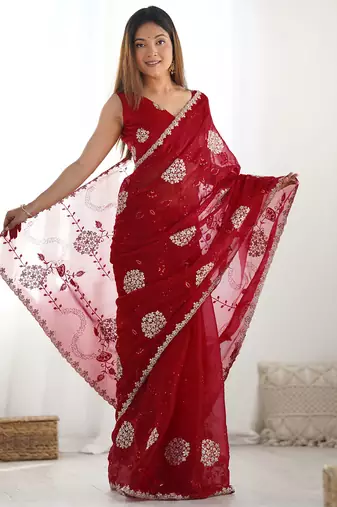 ethnic motifs embroidered georgette saree in red